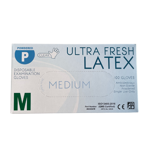 Ultra Fresh Latex Clear Powdered Disposable Gloves Premium Weight - M Box (100pc)