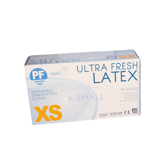 Ultra Fresh Latex Clear Powdered Disposable Gloves Premium Weight - XS Box (100pc)